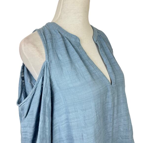 BCBGMaxazria | Elin Blue Cold Shoulder Textured Cotton Relaxed Fit Top - Picture 6 of 11